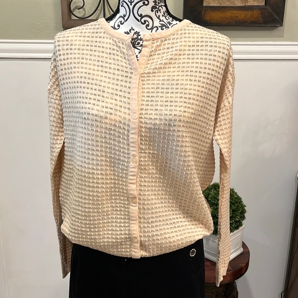 NEW MANGO light peach pink cardigan with gold accents long sleeve button  Large